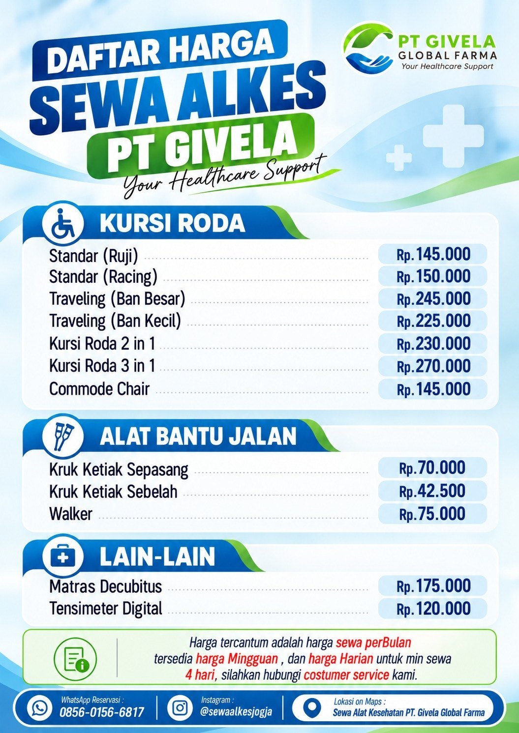 Daftar harga sewa alkes PT Givela: kursi roda, alat bantu jalan, dan lain-lain