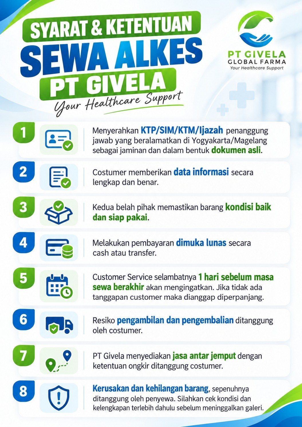 Syarat dan ketentuan sewa alkes PT Givela, nomor 1 sampai 8